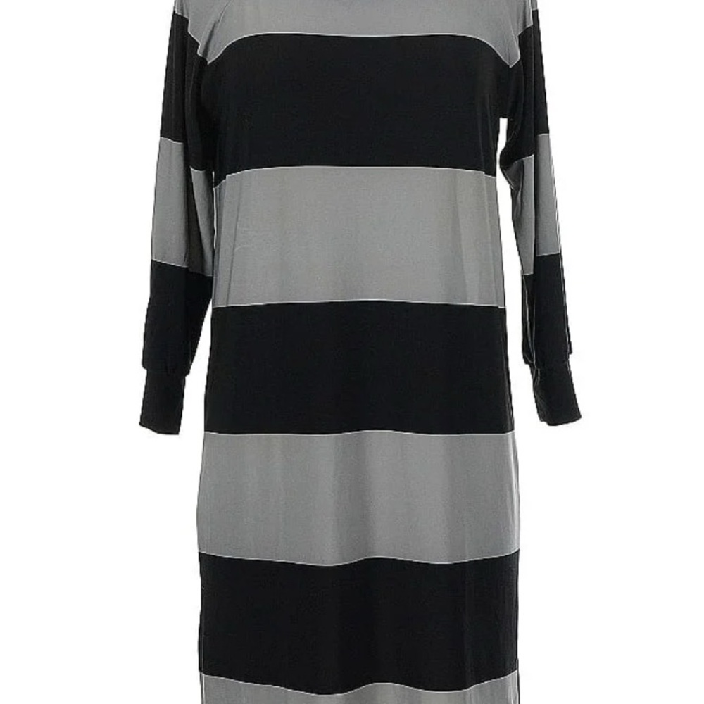 Norma Kamali Black and Gray Striped Long Sleeve Dress